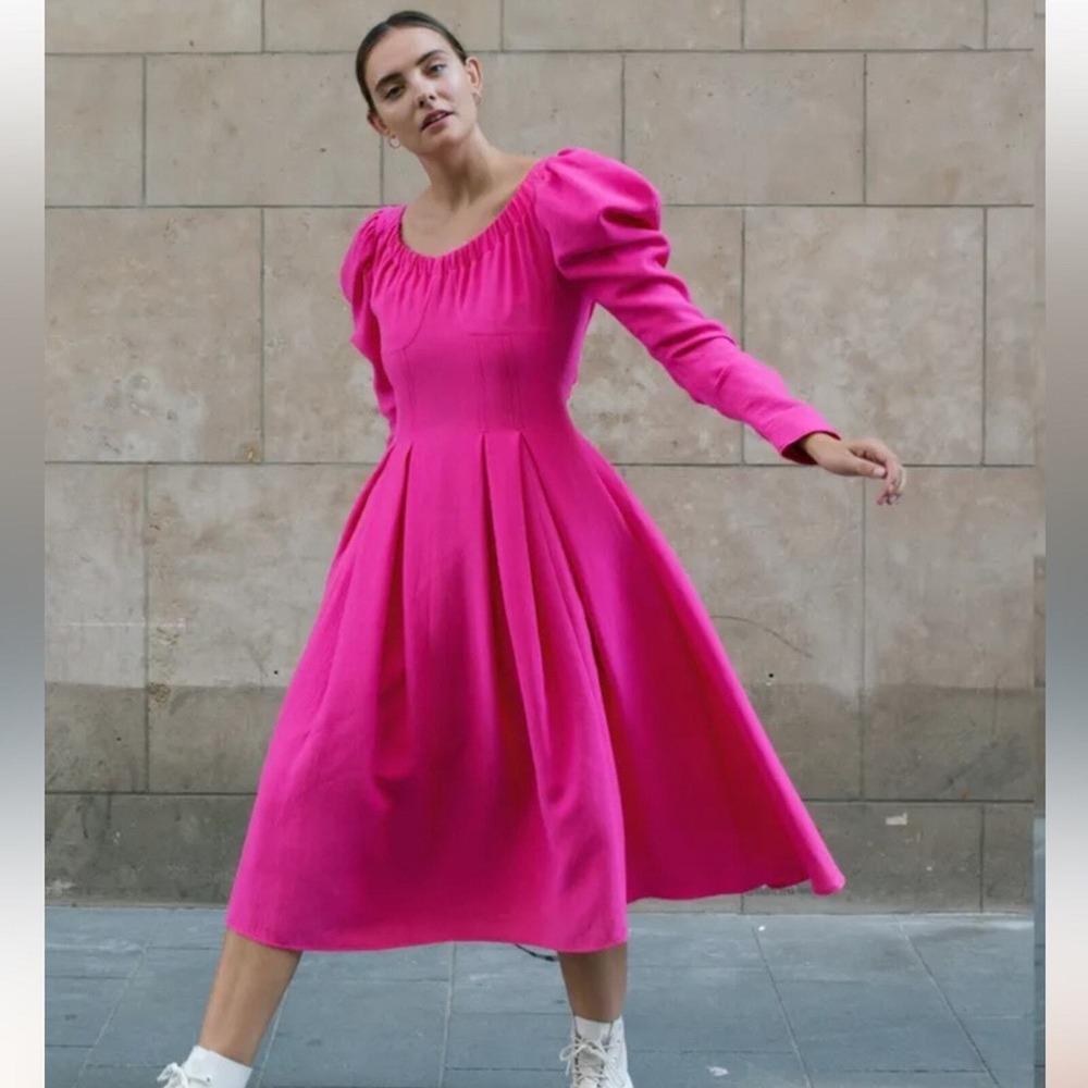 Rejina Pyo Hot Pink Puff Sleeve Midi Dress Pleated Corset Bodice Fuchsia Size M